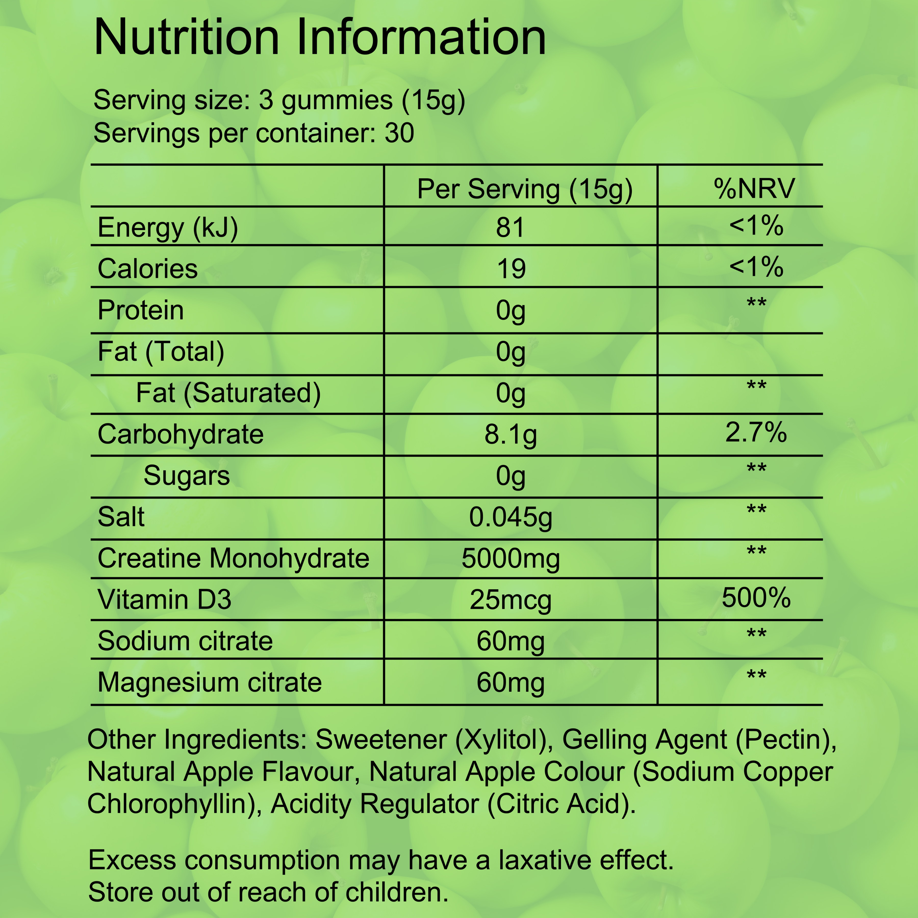 Creatine Monhydrate and Electrolyte Gummies Sour Apple