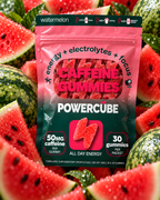 PowerCUBE Watermelon caffeine gummies pouch surrounded by fresh watermelon slices.