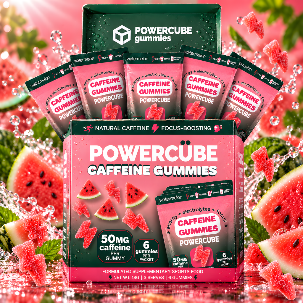 Open PowerCUBE Watermelon caffeine gummies box with five travel packs, surrounded by watermelon slices and red gummies.