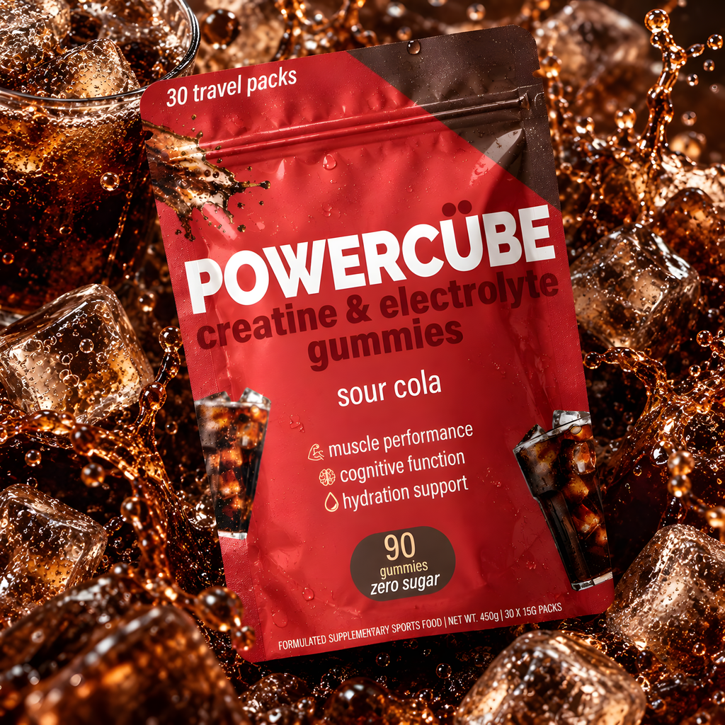PowerCUBE Sour Cola creatine and electrolyte gummies pouch surrounded by cola and ice cubes.