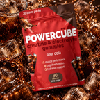 PowerCUBE Sour Cola creatine and electrolyte gummies pouch surrounded by cola and ice cubes.